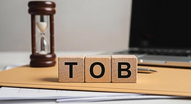 de madera bloques ortografía tob descansando en un archivo carpeta en un brillante oficina ajuste con un ordenador portátil y reloj de arena simbolizando hora de negocio y el importancia de plazos en un moderno espacio de trabajo foto