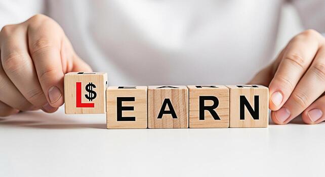 Person arranging wooden blocks spelling LEARN transforming it into EARN by replacing the L with a dollar sign symbolizing financial literacy and the concept of learning to earn in a bright minimalist photo