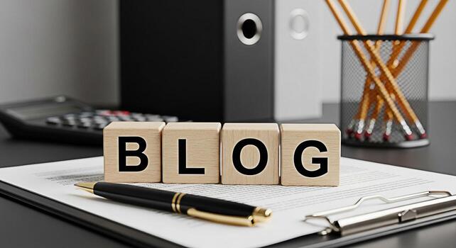 Wooden blocks spelling BLOG on a clipboard in a modern office symbolizing content creation and online communication promoting a professional and informative mood for digital marketing and business str photo