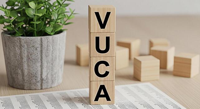 Wooden blocks spelling VUCA stand on a table next to a potted plant representing Volatility Uncertainty Complexity and Ambiguity in business and strategic planning for future success and adaptability photo