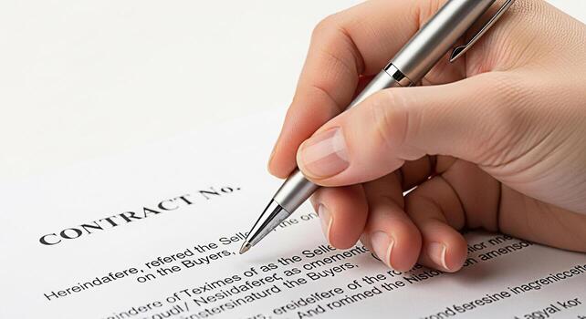 Closeup of a hand signing a contract with a silver pen on a white desk symbolizing agreement and commitment in a professional and legally binding business environment ensuring a secure transaction photo