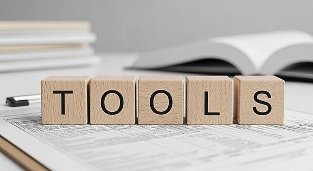 Wooden blocks spelling TOOLS sitting on a document in a bright organized office environment symbolizing resources strategy and problemsolving for business success and effective workflow management photo