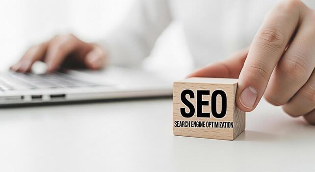 Hand placing a wooden block with SEO Search Engine Optimization text on a white desk near a laptop symbolizing the importance of SEO in a modern digital marketing strategy for business growth photo