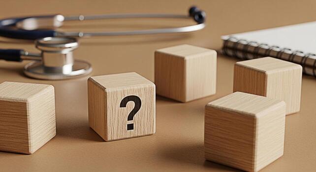 Wooden blocks displaying a question mark symbol next to a stethoscope and notepad on a brown surface representing medical uncertainty diagnostic challenges and the need for healthcare solutions in a c photo