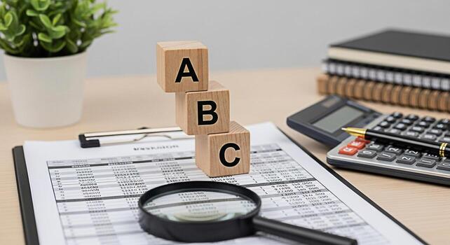 Wooden ABC blocks resting on financial documents with a magnifying glass in a bright office setting symbolizing learning accounting and business analysis creating a mood of professionalism and precisi photo