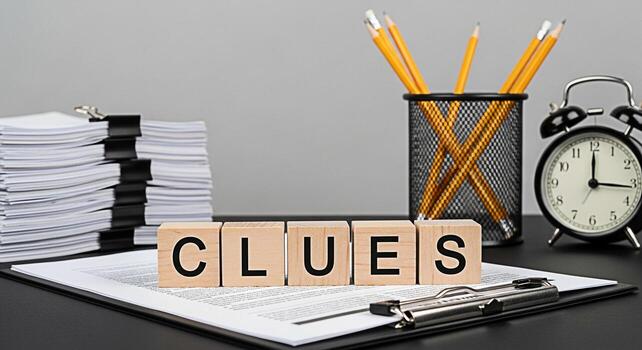 Wooden blocks spelling CLUES on a desk with documents pencils and an alarm clock representing investigation problemsolving and the search for answers in a professional and timesensitive environment photo
