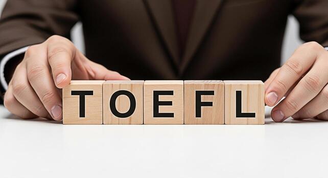 Man in a suit arranging wooden blocks spelling TOEFL on a white table symbolizing preparation and success in the English language proficiency test conveying a sense of focus and determination photo