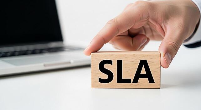 Hand placing a wooden block with the letters SLA on a white desk in a modern office environment symbolizing Service Level Agreement and commitment to quality and customer satisfaction in business oper photo