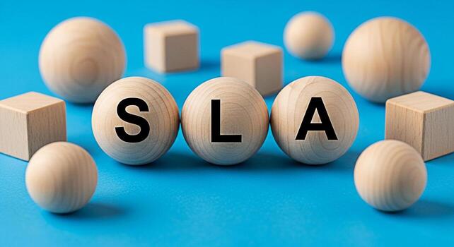 Wooden spheres displaying SLA on a blue surface surrounded by wooden cubes and spheres representing Service Level Agreement business commitment and a structured approach to customer service photo