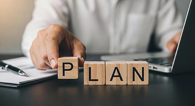 Focused businessman arranging wooden blocks spelling PLAN on a sleek desk in a modern office setting symbolizing strategic planning and a proactive approach to business development and achieving succe photo