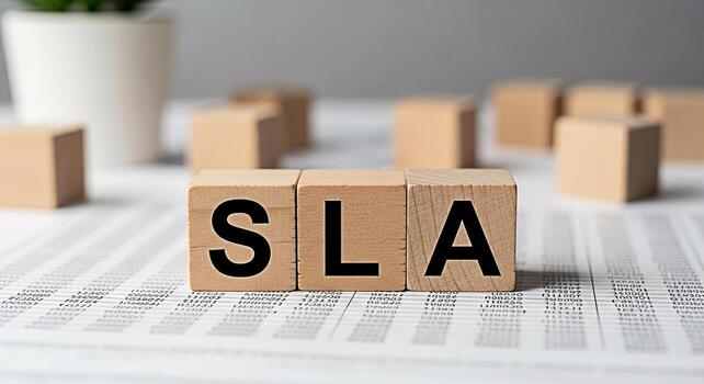 Wooden blocks spelling SLA on a financial report representing Service Level Agreement in a business setting symbolizing commitment and quality assurance for reliable service delivery and customer sati photo