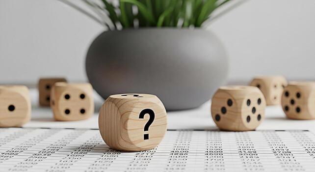 Wooden dice displaying a question mark on a financial document representing uncertainty and risk in business decisions set against a neutral background with a potted plant creating a contemplative moo photo