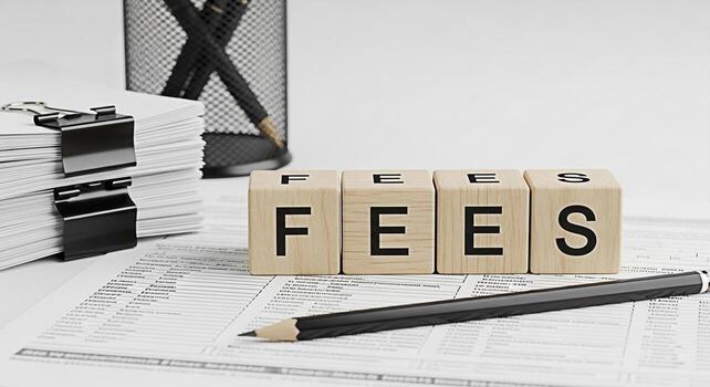 Closeup of wooden blocks spelling FEES resting on a financial document in a bright office setting symbolizing financial obligations costs and the importance of managing expenses with precision and cla photo