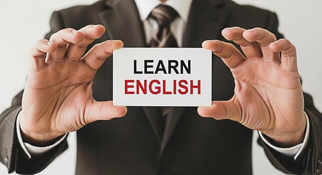 bien vestido empresario presentación un tarjeta con el palabras aprender Inglés en un profesional ajuste enfatizando el importancia de idioma adquisición y global comunicación para carrera avance y foto