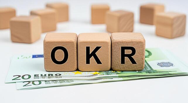 Wooden blocks displaying OKR resting on Euro banknotes symbolizing the implementation of Objectives and Key Results in a financial context promoting business growth and strategic planning with a focus photo