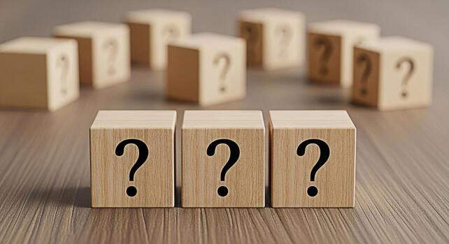 de madera cubitos mostrando pregunta marcas en un madera grano superficie simbolizando incertidumbre y el necesitar para respuestas en un negocio o personal contexto creando un estado animico de investigación y resolver problemas foto