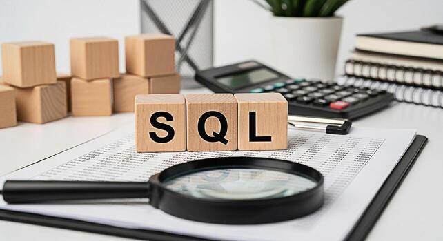 SQL concept on wooden blocks resting on a financial report with a magnifying glass in a bright office setting representing data analysis database management and the importance of structured query lang photo