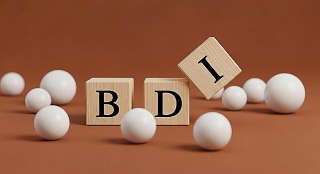 Wooden blocks spelling out BDI on a brown surface with scattered white spheres representing the process of building constructing or completing a project conveying a sense of achievement and progress photo