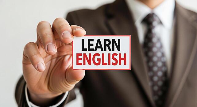 bien vestido empresario en un profesional ajuste presentación un tarjeta ese dice aprender Inglés enfatizando el importancia de idioma adquisición y global comunicación habilidades para carrera avance un foto