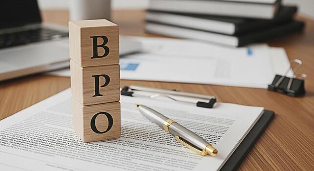 Wooden blocks spelling BPO on a desk with documents and a pen representing business process outsourcing in a professional and organized office environment symbolizing efficiency and strategic partners photo
