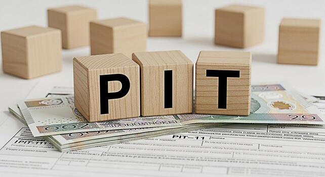 Wooden blocks spelling PIT resting on Polish currency and tax forms symbolizing the annual tax declaration process in a clean welllit studio setting conveying a sense of financial responsibility and c photo
