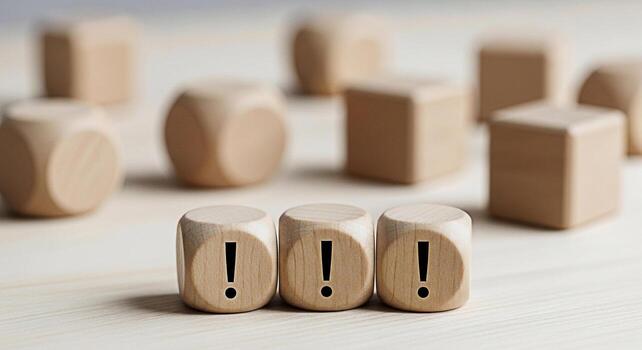 Three wooden dice displaying exclamation marks on a bright wooden surface symbolizing urgent warnings and important announcements in a minimalist and conceptual design creating a sense of alert and at photo