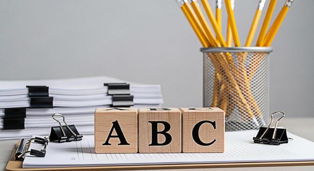 Wooden alphabet blocks spelling ABC on a notepad in a bright office setting symbolizing early childhood education learning the basics and the importance of literacy for future academic success and dev photo