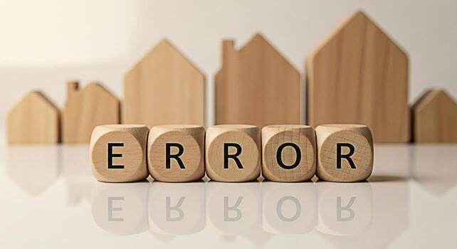 Wooden blocks spelling ERROR in front of wooden house models on a reflective surface symbolizing real estate market problems and financial risks in a minimalist and conceptual setting photo