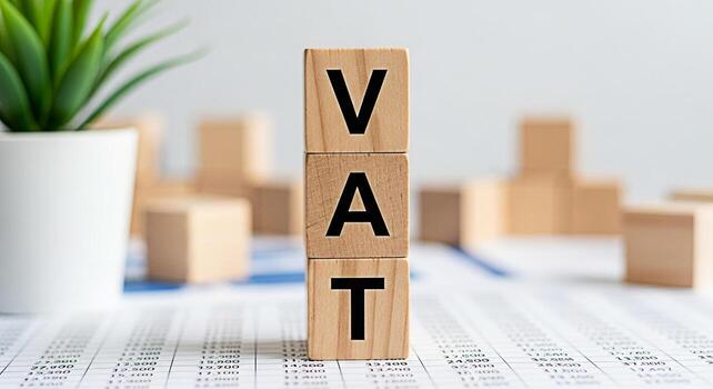 de madera bloques mostrando IVA en un financiero documento en un brillante oficina ajuste simbolizando valor adicional impuesto y financiero conformidad creando un sentido de orden y fiscal responsabilidad foto