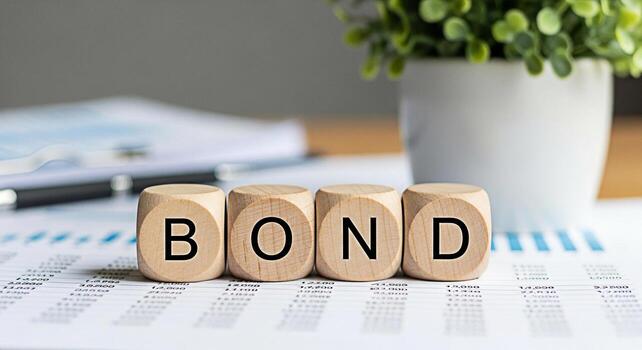 Wooden blocks spelling BOND resting on financial documents in a bright office symbolizing investment security and financial stability with a focus on fixed income and wealth management strategies photo