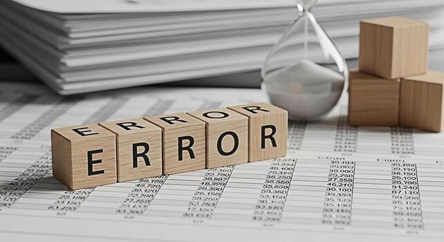 Wooden blocks spelling ERROR on financial document with hourglass and paper stack symbolizing mistakes in accounting and the importance of time management in preventing financial errors and promoting photo