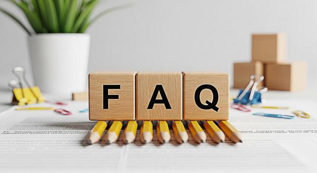 Wooden blocks displaying FAQ on a bright desk with pencils and paper representing information resources and customer support in a clean organized office environment conveying a sense of clarity and he photo