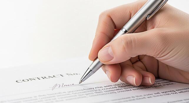 Closeup of a hand signing a contract on a white surface with a silver pen symbolizing agreement and commitment in a professional and formal setting emphasizing legal compliance and business partnershi photo