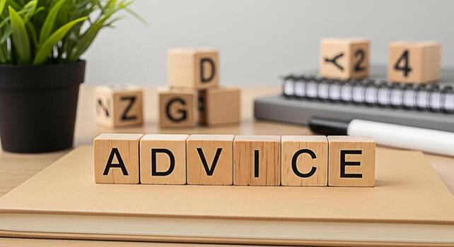 Wooden blocks spelling ADVICE resting on a notebook in a bright organized workspace symbolizing guidance support and informed decisionmaking for business success and personal growth with a positive an photo