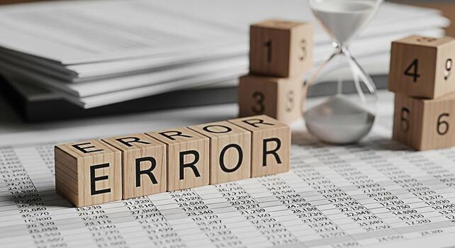 Concept of business error and time pressure depicted by wooden blocks spelling ERROR on financial data with an hourglass and stacked documents symbolizing deadline and mistake in a stressful environme photo