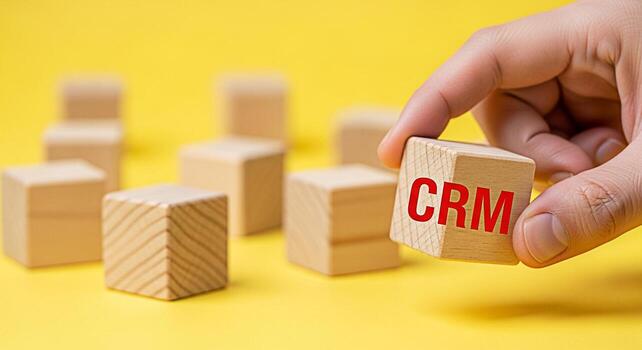 Hand placing a wooden block with CRM text among other blocks on a bright yellow background symbolizing customer relationship management strategy and business growth with a focus on organization and pl photo