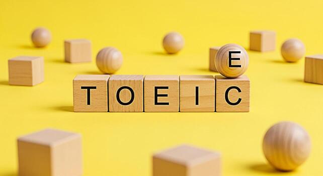 Wooden blocks spelling TOEIC on a bright yellow background symbolizing English language proficiency and educational assessment creating a focused and optimistic atmosphere for test preparation and aca photo