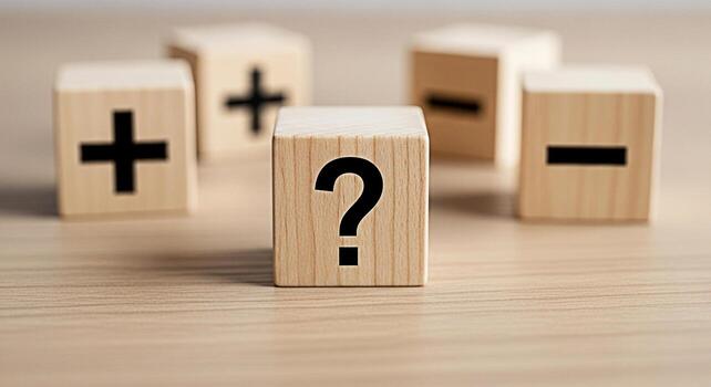 Wooden blocks displaying math symbols on a wooden surface representing uncertainty and problemsolving in a bright minimalist setting evoking a sense of curiosity and intellectual challenge photo