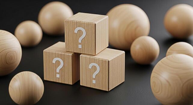 Stacked wooden blocks displaying question marks amidst scattered wooden spheres on a dark surface evoking a sense of mystery inquiry and the pursuit of knowledge and solutions in a minimalist setting photo