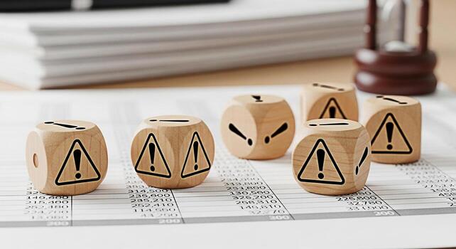 Wooden dice displaying warning signs rest on financial documents in a brightly lit office symbolizing risk assessment potential dangers and the need for caution in business and investment decisions photo
