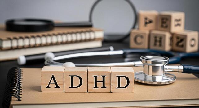 Wooden blocks spelling ADHD on a notebook with a stethoscope and educational toys in the background representing attention deficit hyperactivity disorder awareness and understanding in a learning envi photo