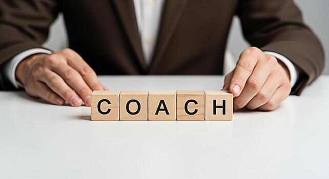 Professional man in a suit arranging wooden blocks spelling COACH on a white table symbolizing guidance mentorship and support for personal and professional development in a business setting photo