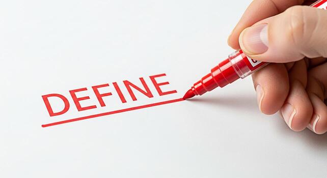Hand underlining the word DEFINE on white paper with a red marker in a brightly lit studio emphasizing clarity precision and the importance of establishing clear boundaries and understanding photo
