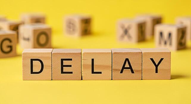 Wooden blocks spelling DELAY on a bright yellow surface representing project setbacks and unexpected holdups creating a sense of frustration and the need for strategic planning and proactive problemso photo