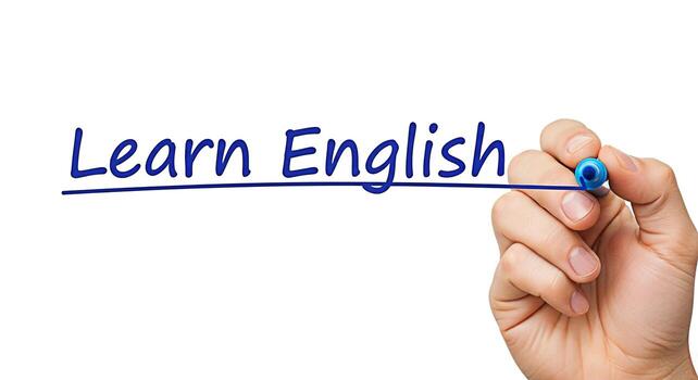 un mano escritura aprender Inglés en un claro vaso superficie con un azul marcador enfatizando el importancia de educación y idioma adquisición en un moderno aprendizaje ambiente promoviendo conocimiento y habilidad foto