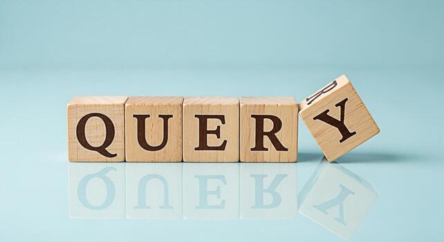 Wooden blocks spelling QUERY on a reflective surface representing the concept of information retrieval and search engine optimization in a clean modern environment symbolizing curiosity and investigat photo