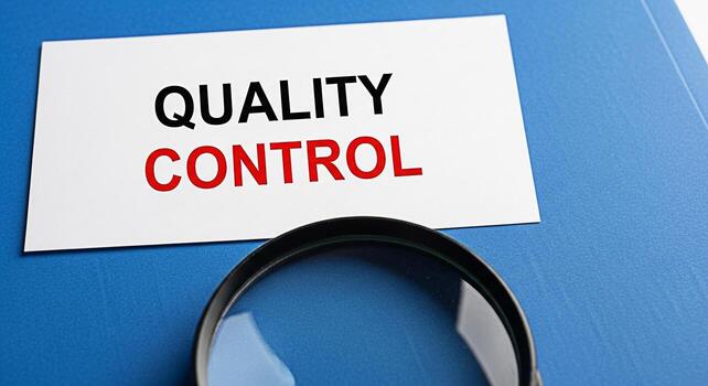 Closeup of a magnifying glass inspecting a Quality Control document on a blue textured surface emphasizing precision and attention to detail in business processes and ensuring high standards and accur photo