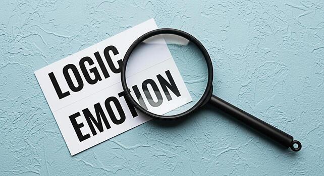 Magnifying glass analyzing logic and emotion on a textured blue background representing the importance of balance and critical thinking in decisionmaking fostering a sense of clarity and informed pers photo