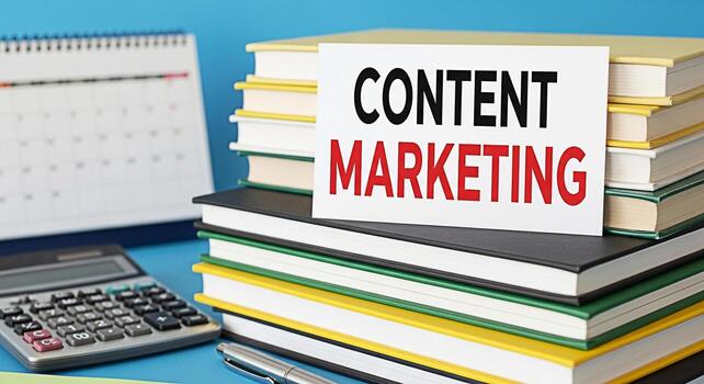 Content marketing message displayed on a stack of books in a bright office setting conveying a sense of planning and strategy for business success with a calendar calculator and pen nearby photo