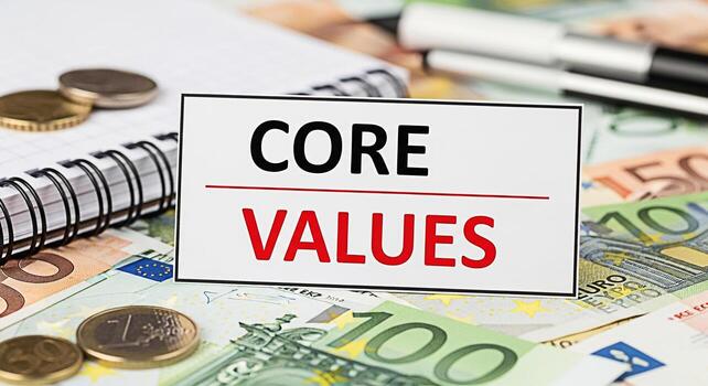 Closeup of a Core Values sign resting on a bed of Euro banknotes alongside a notepad and pen symbolizing financial ethics business principles and the importance of integrity in monetary matters photo